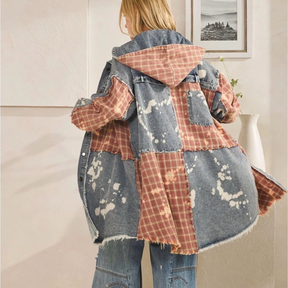 Oli & Hali XL Patchwork Denim Hooded Jacket Frayed Edge Plaid Oversized - Picture 3 of 9